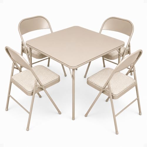 MECO Sudden Comfort 5 Piece Folding Card Table and Chair Furniture Set, Tan