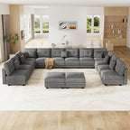 LLappuil Oversized Sectional Sofa Modular Cloud Couch with 14 Storage Seats & 12 Throw Pillows, Corduroy U Shaped Couches for Large Living Room, Rearrangable Sleeper Sofas, Scratch Resistant, Grey