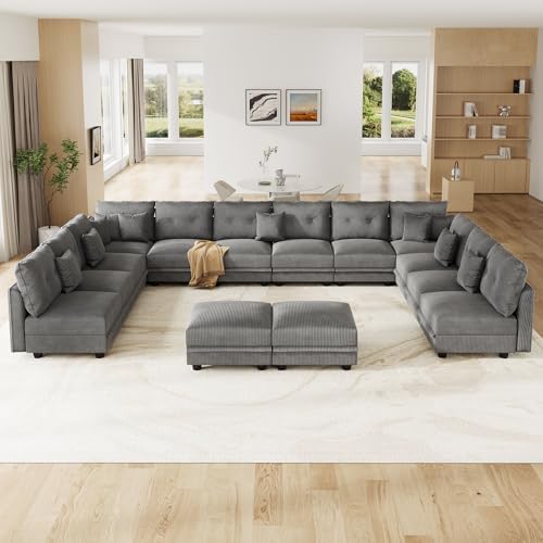 LLappuil Oversized Sectional Sofa Modular Cloud Couch with 14 Storage Seats & 12 Throw Pillows, Corduroy U Shaped Couches for Large Living Room, Rearrangable Sleeper Sofas, Scratch Resistant, Grey