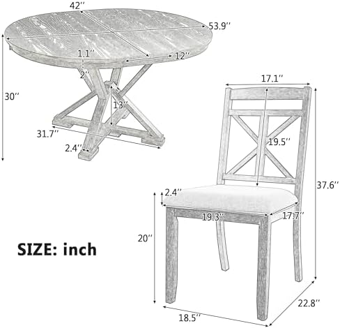 Merax Round Dining Table Set for 4, Farmhouse Kitchen Table Set with Extendab...