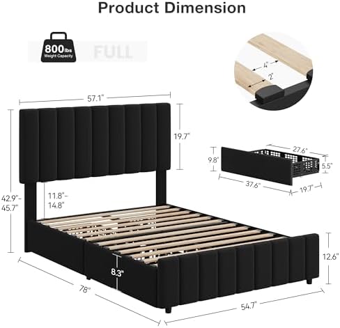 Garvee Full Size Bed Frame, Linen Bed Frame with 4 Storage Drawers, Black