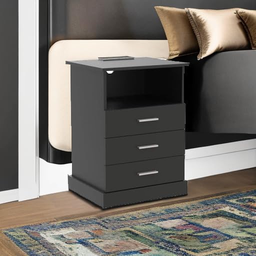 Black LED Nightstand with Charging Station, Side Table with 3 Drawers and Lig...