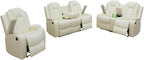 Electric Power Recliner Chair/Loveseat/Sofa Living Room, Comfy Home Theater Breathing Leather Seating with USB 2.0 Charging Ports, LED Light Strips, Fold-Down Table & Cupholders (White, 3-Piece)