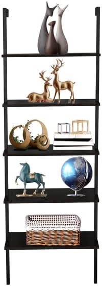 5-Tier Wall-Mounted Ladder Bookshelf Black Metal Frame | MDF Shelves, Industrial Style, 60x30x180 cm, Open Design, Living Room & Office
