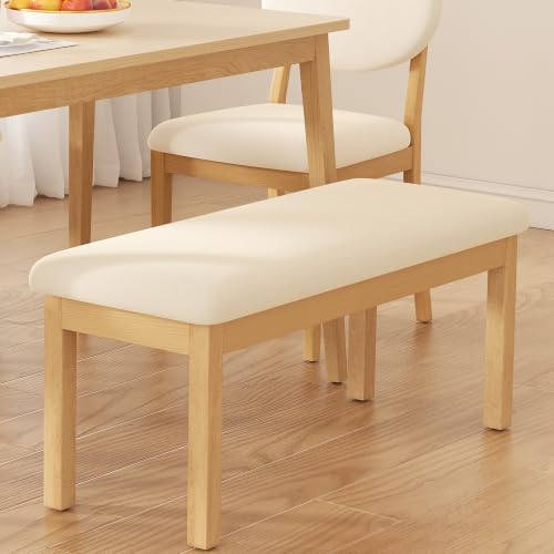 Upholstered Dining Bench Seat, Linen Entryway Benches with Wood Legs, Mid Cen...