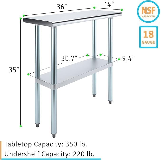 14" x 36" Stainless Steel Prep Table – NSF Certified Heavy Duty Wor...