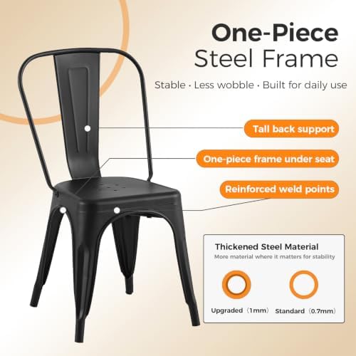 Metal Dining Chairs with Backrest, Stackable, Matte Black, 6 Pack | Easy Asse...