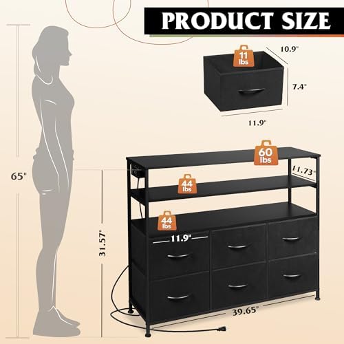 WLIVE TV Stand 40-45 Inch 6 Drawer Fabric Media Console LED, Black | TV stand...