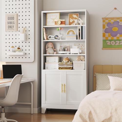 Metal Bookcase with Doors, White 71" Tall Bookcase with Storage, Floor I...