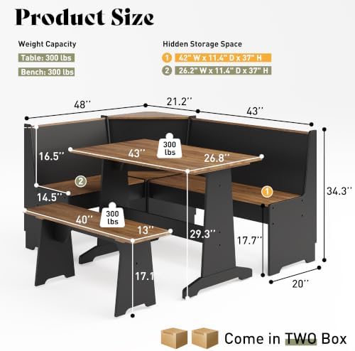 AMERLIFE 3-Piece Corner Dining Set with Hidden Storage, Black Oak
