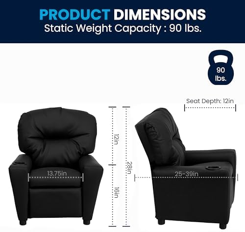 Flash Furniture Chandler LeatherSoft Kids Recliner with Cup Holder and Safety Recline, Contemporary Reclining Chair for Kids, Supports up to 90 lbs., Black