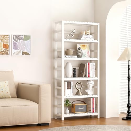 VASMIA 6-Tier Bamboo Shelf,Bamboo Storage Shelving Unit,Tall Bookcase with Ad...