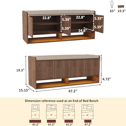 HOMEFORT 47.2" Fluted Shoe Storage Bench, Entryway Bench with Linen Seat...
