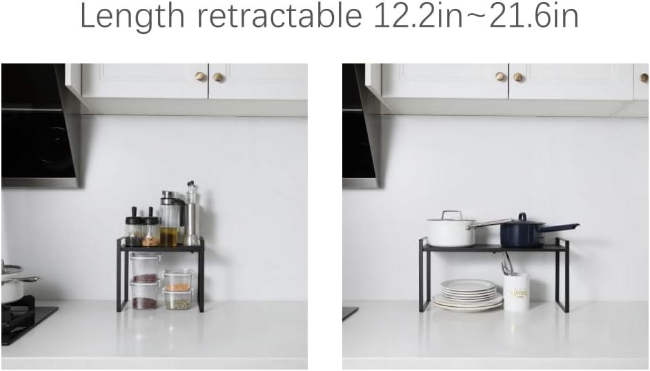 Expandable Cabinet Shelf Organizer Riser for Kitchen Pantry Cupboard Under Sink Countertop (black, 8.2’’D * 12.2-21.6’’W * 10.4’’H)