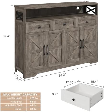 51" Farmhouse Buffet Sideboard with Storage, Kitchen Pantry Cabinet