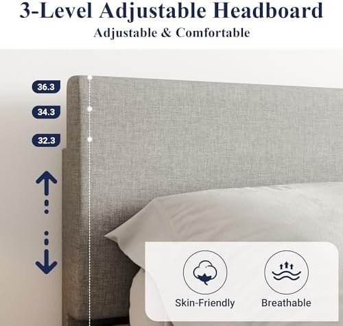Allewie Queen Size Upholstered Bed Frame Adjustable Headboard, Light Grey