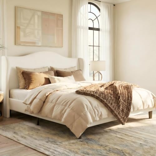 Allewie King Size Bed Frame, Plush Velvet Wingback, Modern Style, White