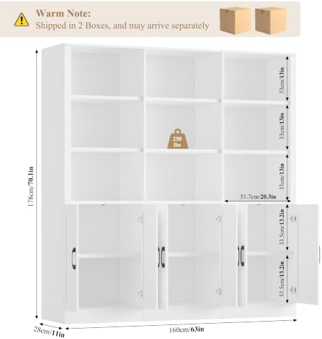 FINETONES 70” H x 63” W Triple Wide Bookshelf, Tall Bookcase with 6 Doors