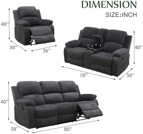 Leather Recliner Sofa Set for Living Room Furniture Sets,Dark Gray Reclining ...