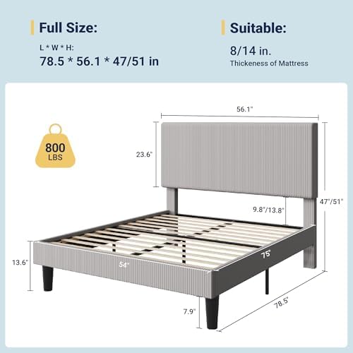 Allewie Full Bed Frame, Corduroy Tufted Headboard, Light Grey