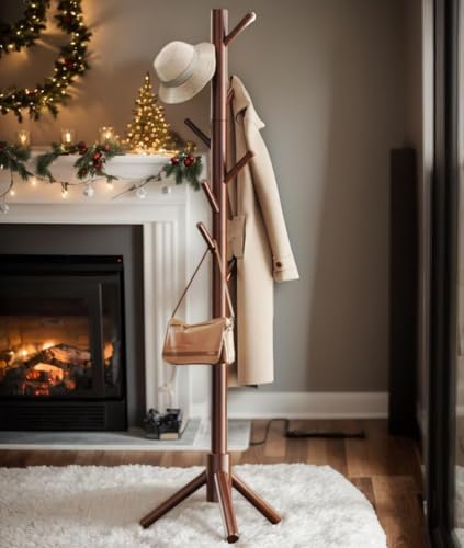 Pipishell Sturdy Wooden Coat Tree with 8 Hooks, 3 Adjustable Sizes for Clothes, Hat Stand Used in Bedroom/Office/Entryway, Brown