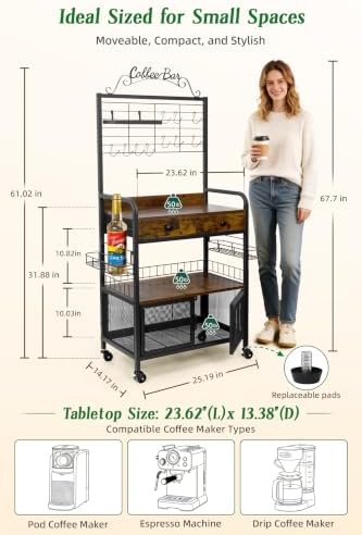 Rolling Coffee Bar Cart for Small Spaces, Coffee Station Cabinet with Storage...