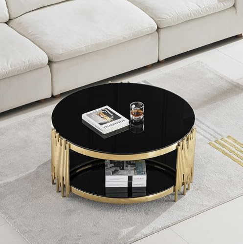 Luxury Glass Circular Coffee Table Set of 3, Black Glass Coffee Table and 2 B...