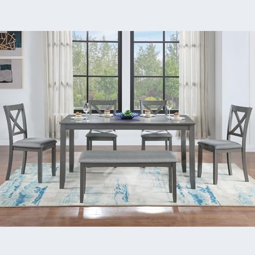 Merax 6-Piece Solid Wood Dining Table Set, Wooden Legs, Gray