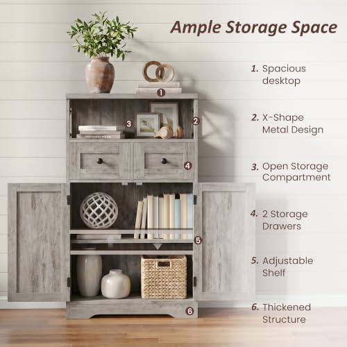 Farmhouse Storage Cabinet with Drawers, Small Kitchen Pantry Cabinet, Gray