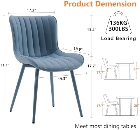 YOUNUOKE Mid-Century Modern Dining Chairs Set of 2, Blue PU Leather