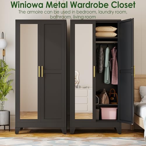 Metal Armoire Wardrobe Closet, 71" Clothing Storage Cabinet with Mirror