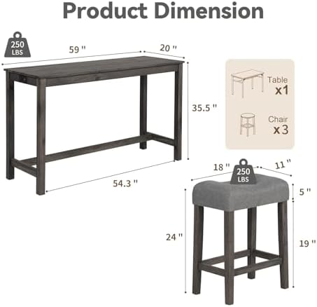 59" Counter Height Bar Table Set with Power Outlet, Industrial Breakfast...