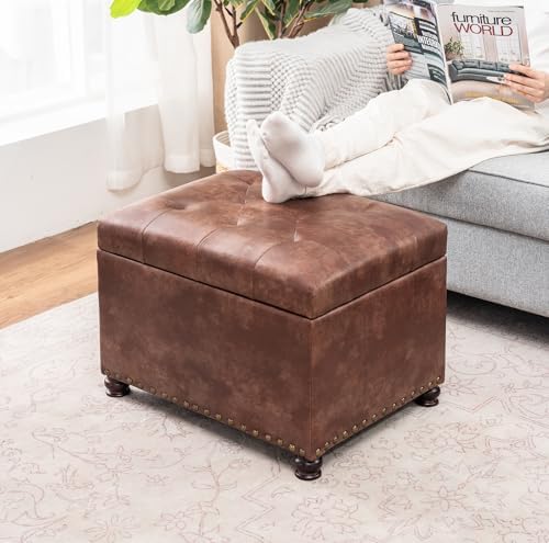 Joveco Leather Storage Ottoman, 24" Rectangle Tufted Square Upholstered ...