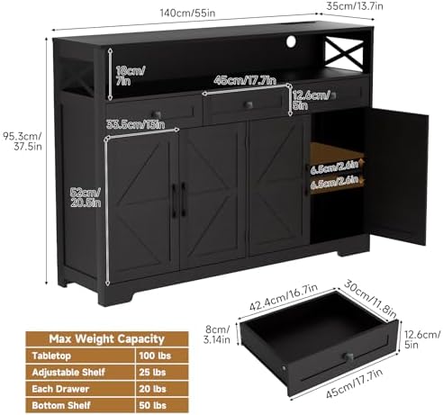 Lahomie 55" Sideboard Buffet Storage Cabinet, Coffee Bar Cabinet,Dark Brown