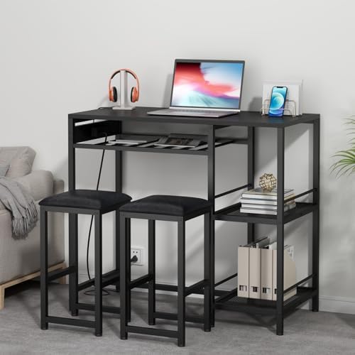 Bar Table and Chairs Set with Power Outlet, Pub Table and Chairs Set for 2
