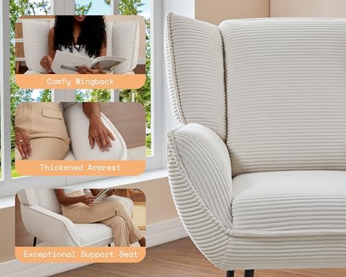Corduroy Wingback Accent Chair, High Back Armchair with Deep Seat, White