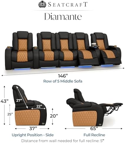 Seatcraft Diamante Black/Tan Oak Italian Leather Home Theater Seating, Zero G...
