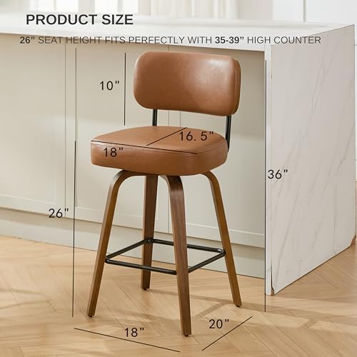 Swivel Bar Stools Set of 3, 26" Counter Height, Brown | Walnut Wood Legs...