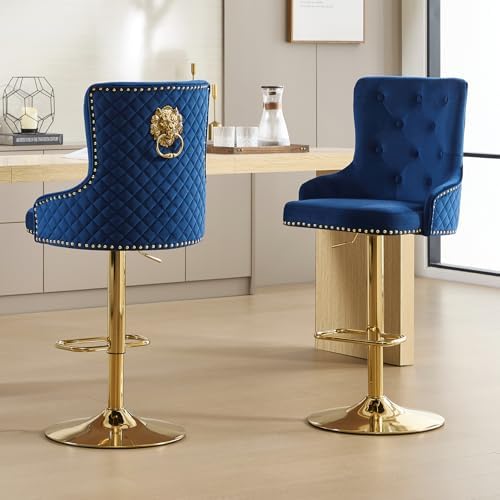 Gold Barstools Set of 4,Velvet Swivel Bar Height Stools with Lion Pull Ring,U...