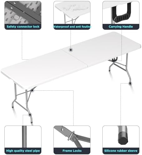 Folding Table Picnic Table, 8 ft Camping Table with Handle and Safety Locks |...