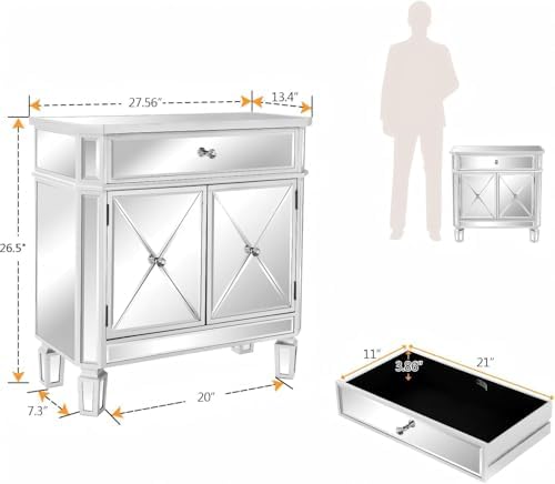VINGLI Mirrored Cabinet, Mirrored Nightstand, Mirrored Dresser Accent Chest, ...