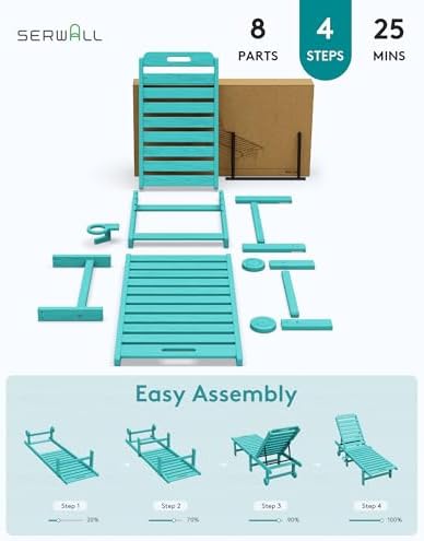 SERWALL HDPE Outdoor Chaise Lounge Set of 2 with Cup Holder & Wheels, Aru...