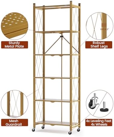 ALANNG 73.6 Inch Folding Bookshelf, 6 Tier Metal Bookcase and Bookshelves