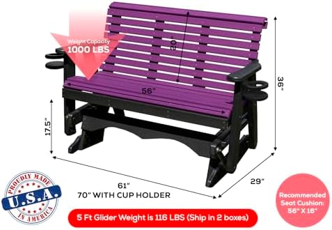 5 FT Purple Amish-Made Porch Glider – 1000 lb Heavy-Duty Poly Lumber wood Rol...
