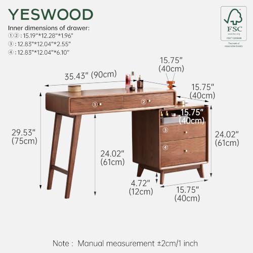 YESWOOD 35''-50'' Extendable Vanity Desk with Dresser, Oak Wo...
