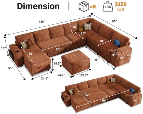 Vipbear 130" Modular Sectional Sleeper Sofa with Pull Out Bed, 9 Seat Ch...