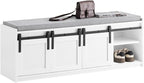 Haotian Industrial Style Shoe Storage Bench, Entryway Hallway Shoe Cabinet, Sliding Barn Doors, Drawer & Padded Seat Cushion, Rustic Window Bench for Mudroom (White) FSR198-W