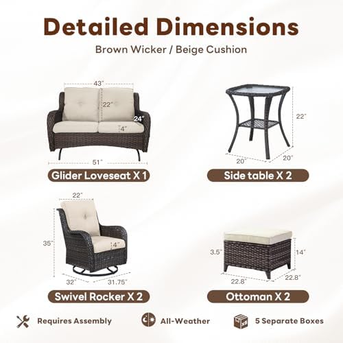 Belord 7 Piece Wicker Patio Furniture Set, Outdoor Swivel Rocker Chairs Set o...