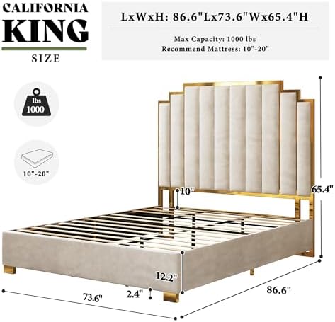 AMERLIFE California King Upholstered Bed with Gold Trim Headboard, Cream
