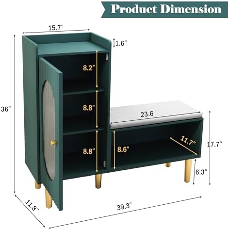 HLR Shoe Storage Bench with Glass Door&Shelf, L-Shaped Shoe Cabinet, Gree...